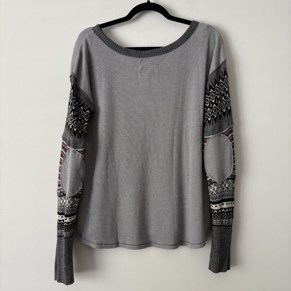 We the Free Waffle Knit Thermal Top Sz L Freedom Graphic Elbow Patches Boho USA - Picture 2 of 11